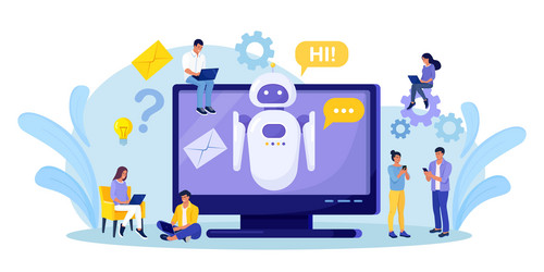 tiny people chatting with chatbot on computer ai vector image