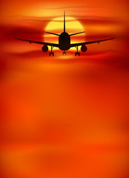 Plane taking off sunset background Royalty Free Vector Image