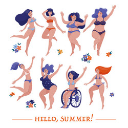 Set various women dancing happily in swimsuits vector