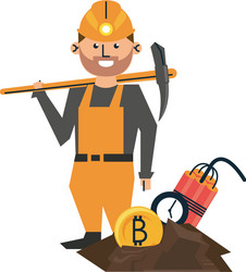 Bitcoin mining worker with pick and tnt vector