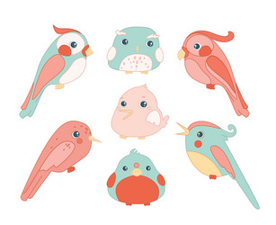 Cute birds color set cartoon flat vector