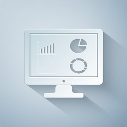 Paper cut computer monitor with graph chart icon vector