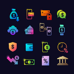 Set different financial banking symbols glowing vector