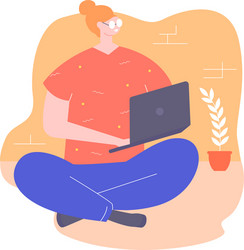 Woman character sitting on floor with a laptop vector