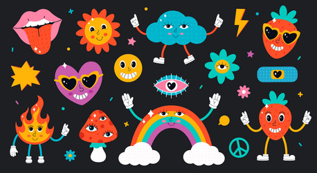 Set of cute elements and characters in psychedelic vector