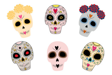 Set of 6 abstract patterned sugar skulls in trendy vector