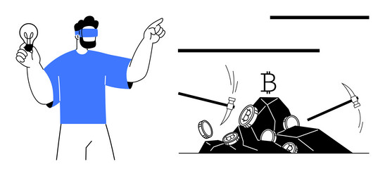 man with a light bulb and bitcoin mining tools vector image