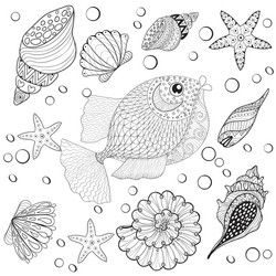 Zentangle Fish with Seashells vector