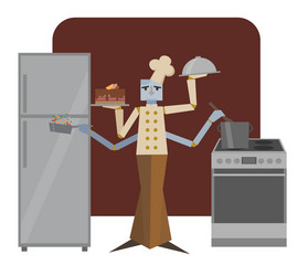 Cook robot android cooks food in kitchen vector