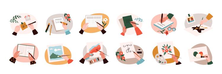 Top view of hands making notes with a pen Vector Image