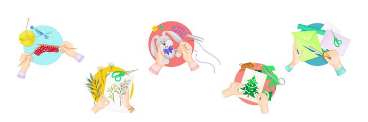hands creating craft in workshop top view vector image