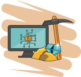bitcoin mining from computer and pick tool vector image