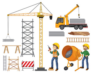 Set of construction site objects and workers vector