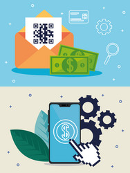 qr code inside envelope bills and smartphone vector image