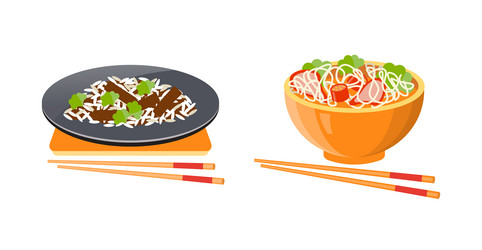 soup with noodles and meatballs rice meat vector