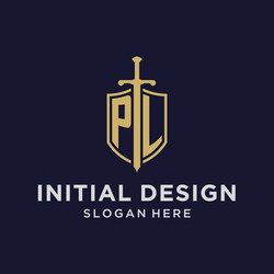 pl logo initial monogram with shield and sword vector image