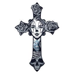 Chicano Cross with Floral Skull Vector Image