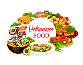 Vietnamese dishes icon with fish meat and dessert vector