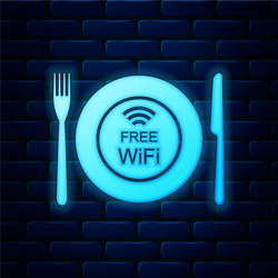 Glowing neon restaurant free wi-fi zone icon vector