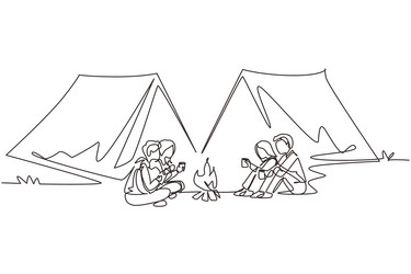 single one line drawing two couple camping around vector