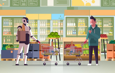 Robot and human pushing trolley carts full vector