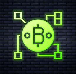 Glowing neon blockchain technology bitcoin icon vector