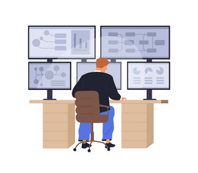 Man at multiple-screen computer for data analysis vector