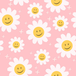 70s cute seamless smiley face daisy pattern Vector Image