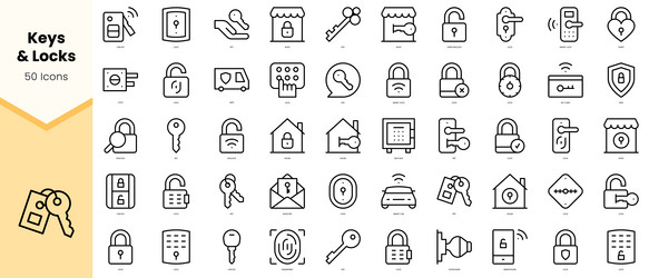 Set of keys and locks icons simple line art style vector