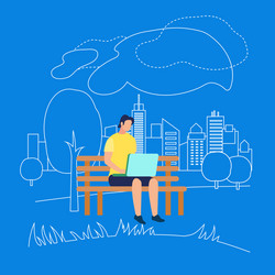 man character sitting on bench in park with laptop vector