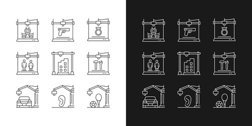 3d printing process linear icons set for dark vector