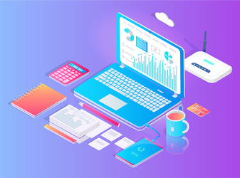 workspace with laptop and wifi router set vector image