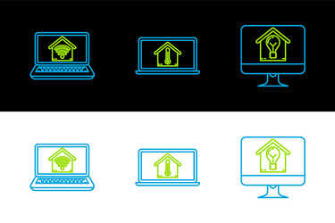 Set line computer monitor with smart house vector