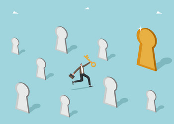 man with key choosing the right keyhole vector image