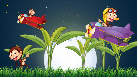 three playful monkeys playing with the plane under vector image