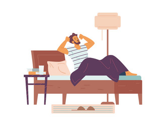 Sleepy young man wake up and stretching in bed vector