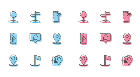 Set line map pin flag push pointer with house vector