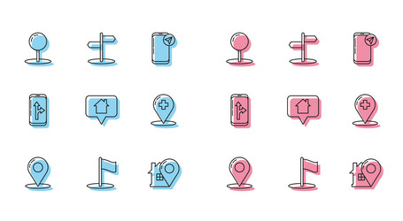 Set line map pin flag push pointer with house vector