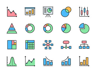 Set graph and chart flat color icons pie vector