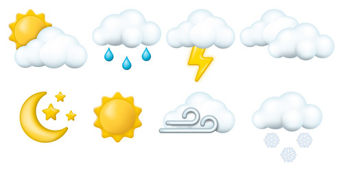 Set of 3d render meteorology icons weather vector