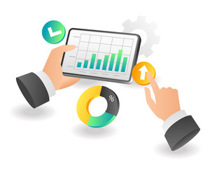 flat isometric concept hand analyzing data vector image