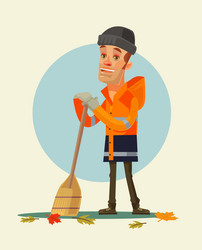 Happy smiling yardman character sweeping leaves vector