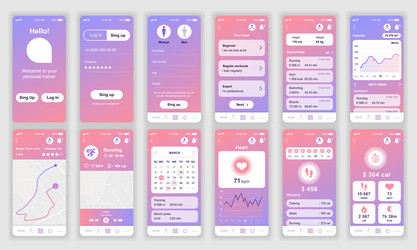 Set of ui ux gui screens fitness app flat design vector