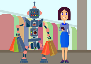 Robot and man make a purchase in the store vector