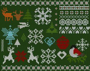 Set knitted elements ornaments snowflakes vector