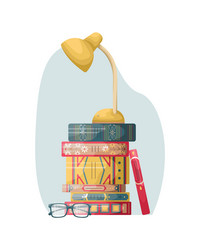 A stack books on table with reading lamp vector
