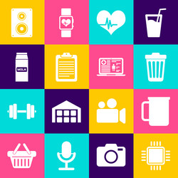 Set processor with cpu coffee cup trash can vector