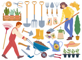 gardeners with gardening equipment and tools vector