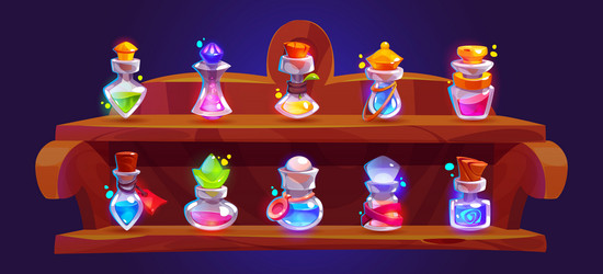 magic elixir bottles standing on wooden shelf vector image