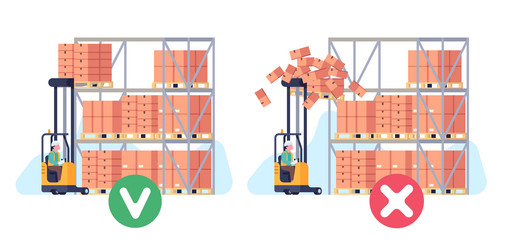 correct and incorrect forklift stacking of pallets vector